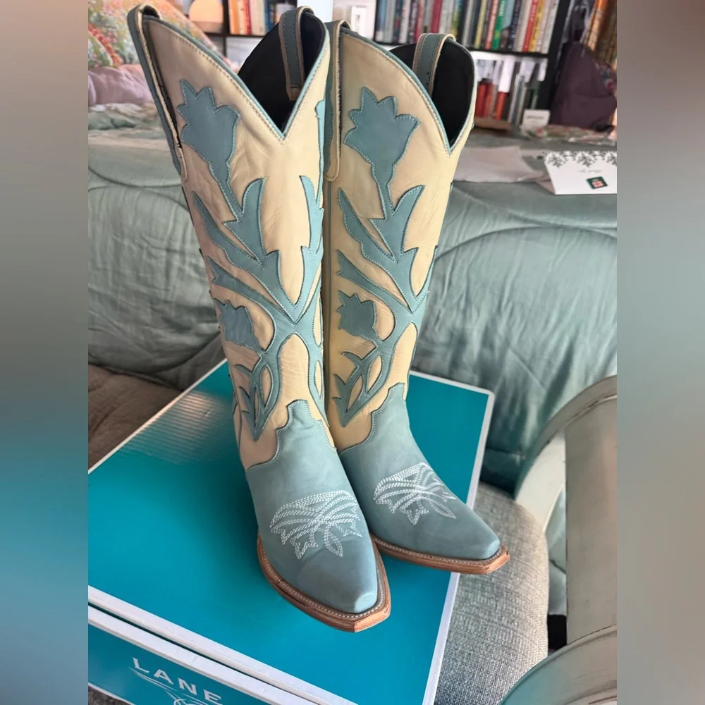 Lane Jolene Blue and Cream Floral Heeled Boots - Picture 6 of 13